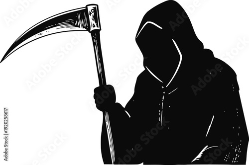 Grim reaper silhouette holding a large scythe with a curved blade in black and white