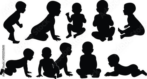Black silhouettes of babies in various crawling positions baby