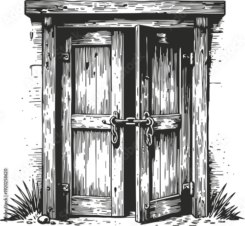 Old wooden door with metal latch and hinges in rustic vintage black and white illustration