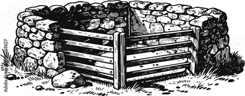 Old stone and wooden livestock pen illustration vintage farm animal enclosure with rustic fence and rock wall