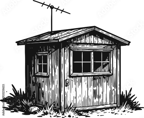 Rustic wooden shed with antenna in grass, rural building illustration in black and white