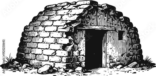 old stone hut illustration rustic hand drawn cabin with wooden door and damaged brick walls
