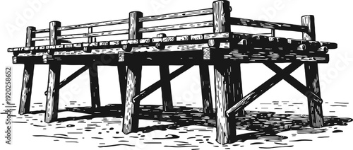 Vintage wooden pier platform illustration old dock structure with beams and railings on shore