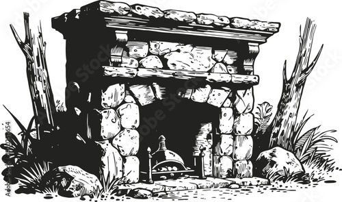 Vintage stone outdoor fireplace with rocks and grass engraved black and white illustration