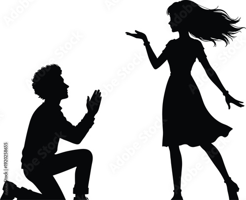 Black silhouette of man proposing to woman proposal man kneeling woman rejecting