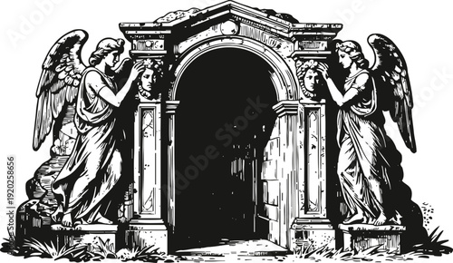 Ancient stone gateway with two angel statues guarding entrance, vintage black and white illustration