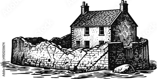 vintage stone cottage surrounded by an old stone wall with chimney and pitched roof