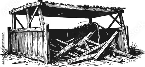 old abandoned wooden shed with broken planks and damaged roof in rustic