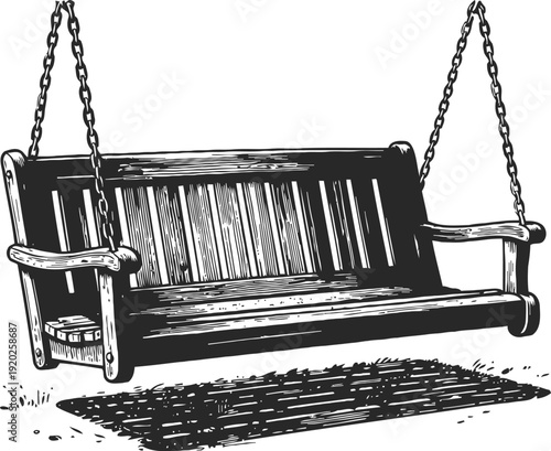 Wooden porch swing hanging from chains with detailed wood grain texture and cast shadow