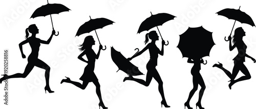 Black silhouettes of women running with umbrellas white background