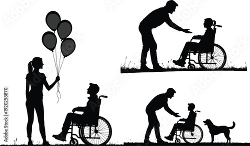 Silhouettes of people interacting with a child in a wheelchair balloons