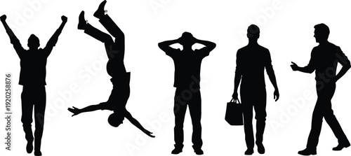 Five black silhouettes of men in various poses on white background
