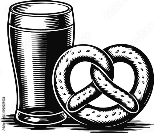 Traditional beer glass with salted pretzel illustration in vintage retro engraved