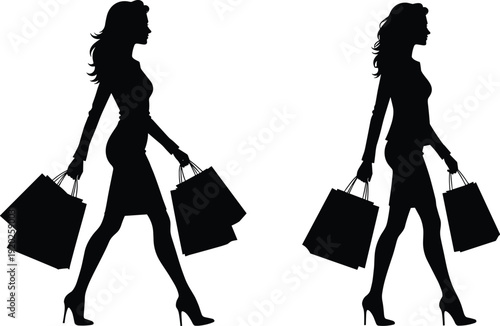 Black silhouette of two women walking with shopping bags woman