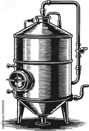 vintage brewing tank illustration with pipes and valves for beverage fermentation process