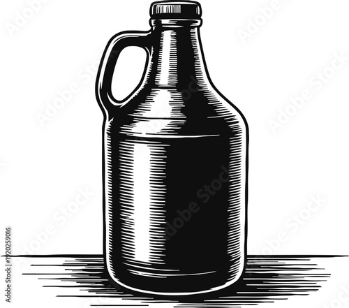 vintage glass jug with handle, classic bottle silhouette in black and white engraving