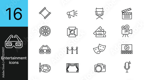 Collection of entertainment and media vector icons set with movie film music game and theater symbols for streaming mobile app and cinema website UI design