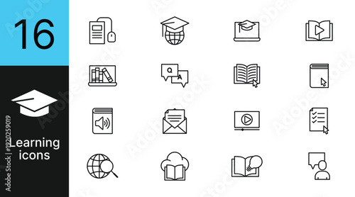 Set of 16 learning and skill development vector icons collection for corporate training e-learning platform online course app and educational website UI design