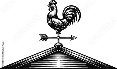 Vintage rooster weather vane on roof peak with arrow direction indicator silhouette
