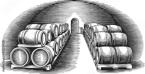 Wine barrel storage in cellar old wooden barrels stacked on pallets in arched stone warehouse corridor