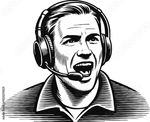 Male customer service representative wearing headset, speaking with enthusiasm and professionalism