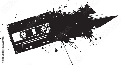 A black and white image of a cassette tape with splatter paint