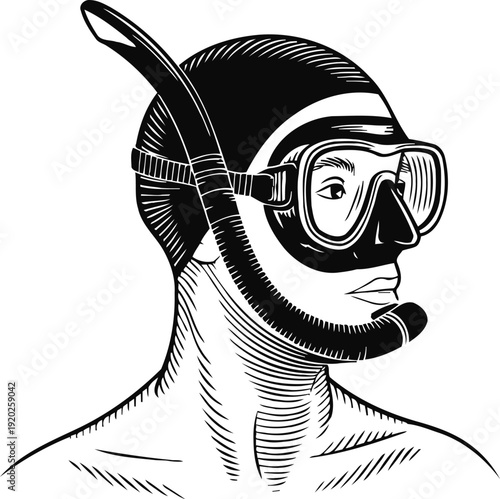 Man wearing diving mask and snorkel gear for underwater exploration in black and white vintage