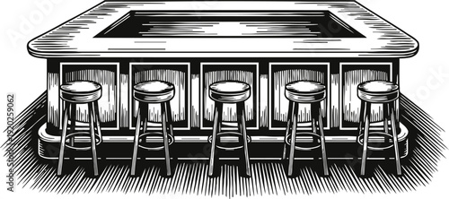 Vintage bar counter with five stools in black and white engraved