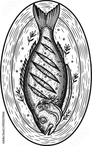 Grilled whole fish on oval platter with herbs, spices, and garnish, rustic illustration