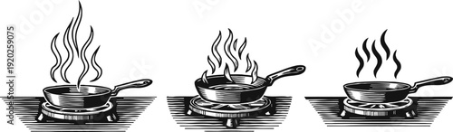 Three frying pans with steaming hot food, black and white line art illustration set