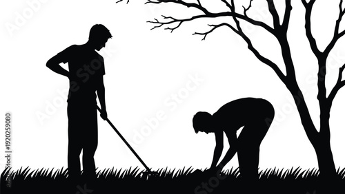 Black silhouette of two men working in garden with tree silhouettes white background