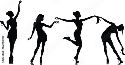 Four black silhouettes of women in dresses and heels dancing or posing