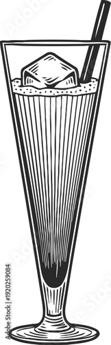 Classic milkshake in tall glass with ice cream scoop and straw, retro vintage illustration