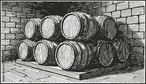 Wooden barrels stacked in a cellar room with brick walls vintage storage for aging wine or spirits