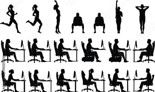 Black silhouettes of people exercising and working at desks exercise running stretching