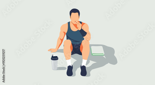 Man sitting on bench holding dumbbell in a fitness environment from a straightforward viewpoint