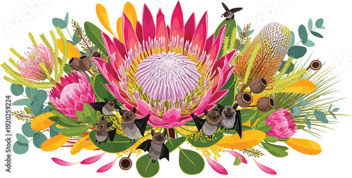 Vibrant pink and yellow protea flowers with greenery on white background