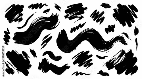 Black Brush Stroke Doodles Vector – Hand-Drawn Paint Swirls, Scribbles, and Gestural Marks for Abstract Backgrounds, Artistic Overlays, and Creative Design Projects