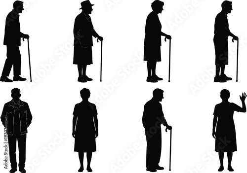 Black silhouettes of elderly people standing with canes or waving white background