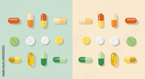 Various colorful pills and capsules arranged neatly on contrasting backgrounds from a top-down viewpoint