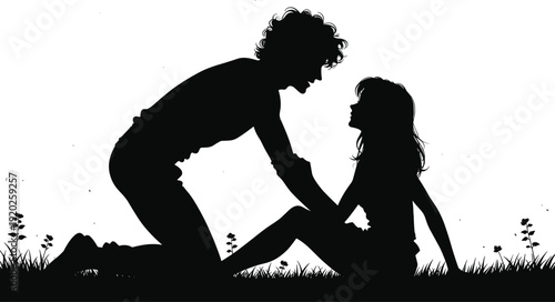 Black silhouette of man kneeling and holding womans hand couple