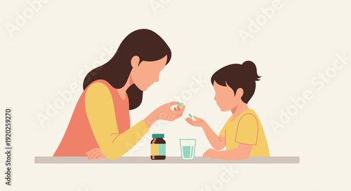 A mother giving medicine to her child at a table in a domestic setting from a close-up view