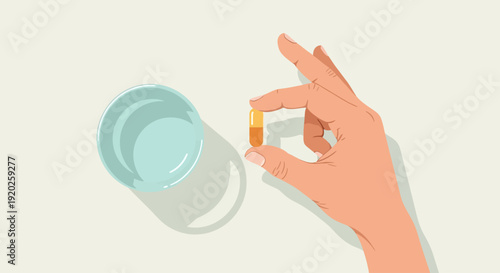 A hand holding a capsule beside a glass of water against a neutral background