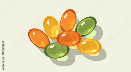 Assorted colorful capsules arranged in a flower pattern on a plain surface viewed from directly above