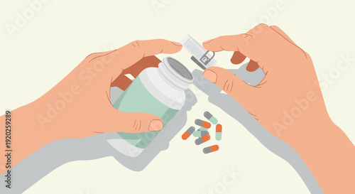 Hands holding a bottle and pouring various pills onto a surface with a few capsules spilling out