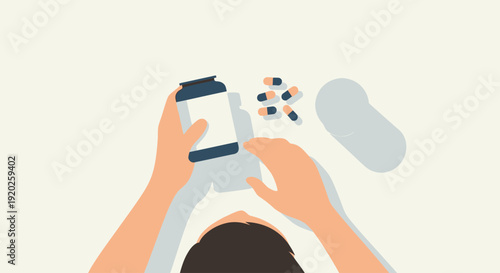 Overhead view of a person holding a smartphone and scattered pills on a flat surface