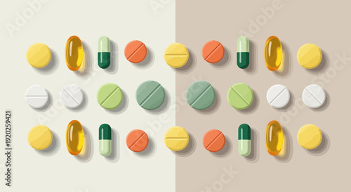 Assorted pills and capsules arranged neatly on a divided colored background from a top-down viewpoint