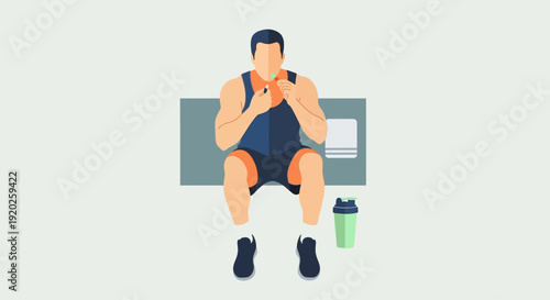 Man sitting on bench drinking from bottle after exercise in outdoor setting from a front view