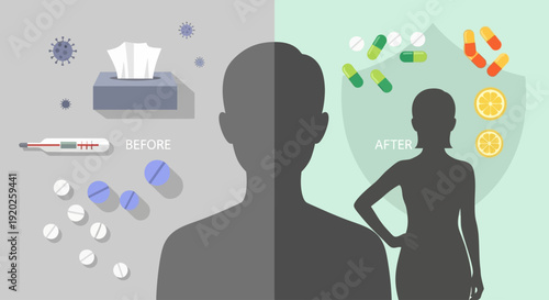 Illustration comparing sick person surrounded by medicine to healthy person standing confidently with various health icons