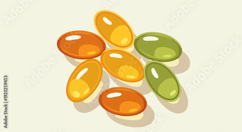 A collection of colorful pills scattered on a flat surface viewed from directly above